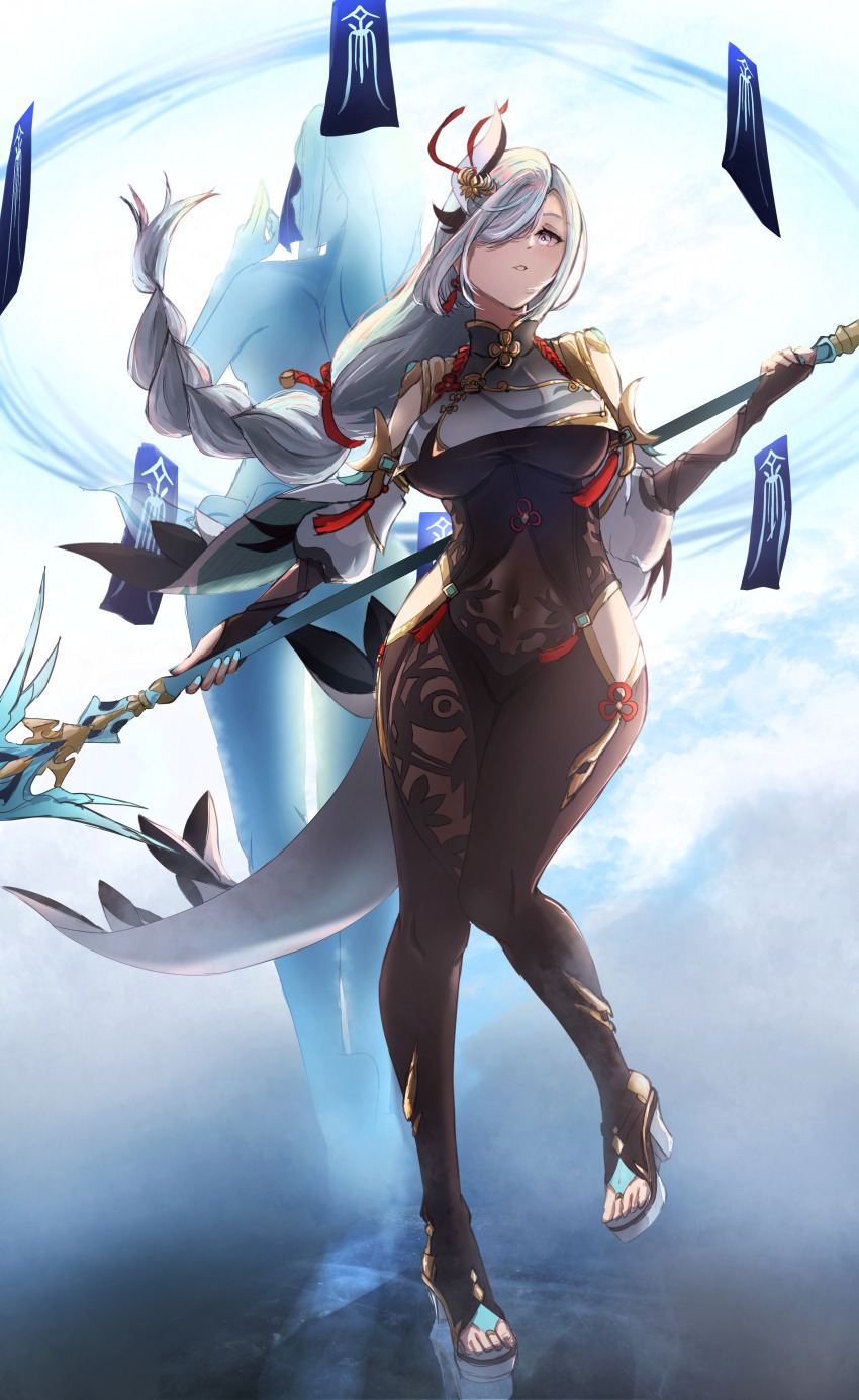 2girls, absurdres, asao_(asaomm12345), back-to-back, black_bodysuit, black_gloves, blue_nails, bodysuit