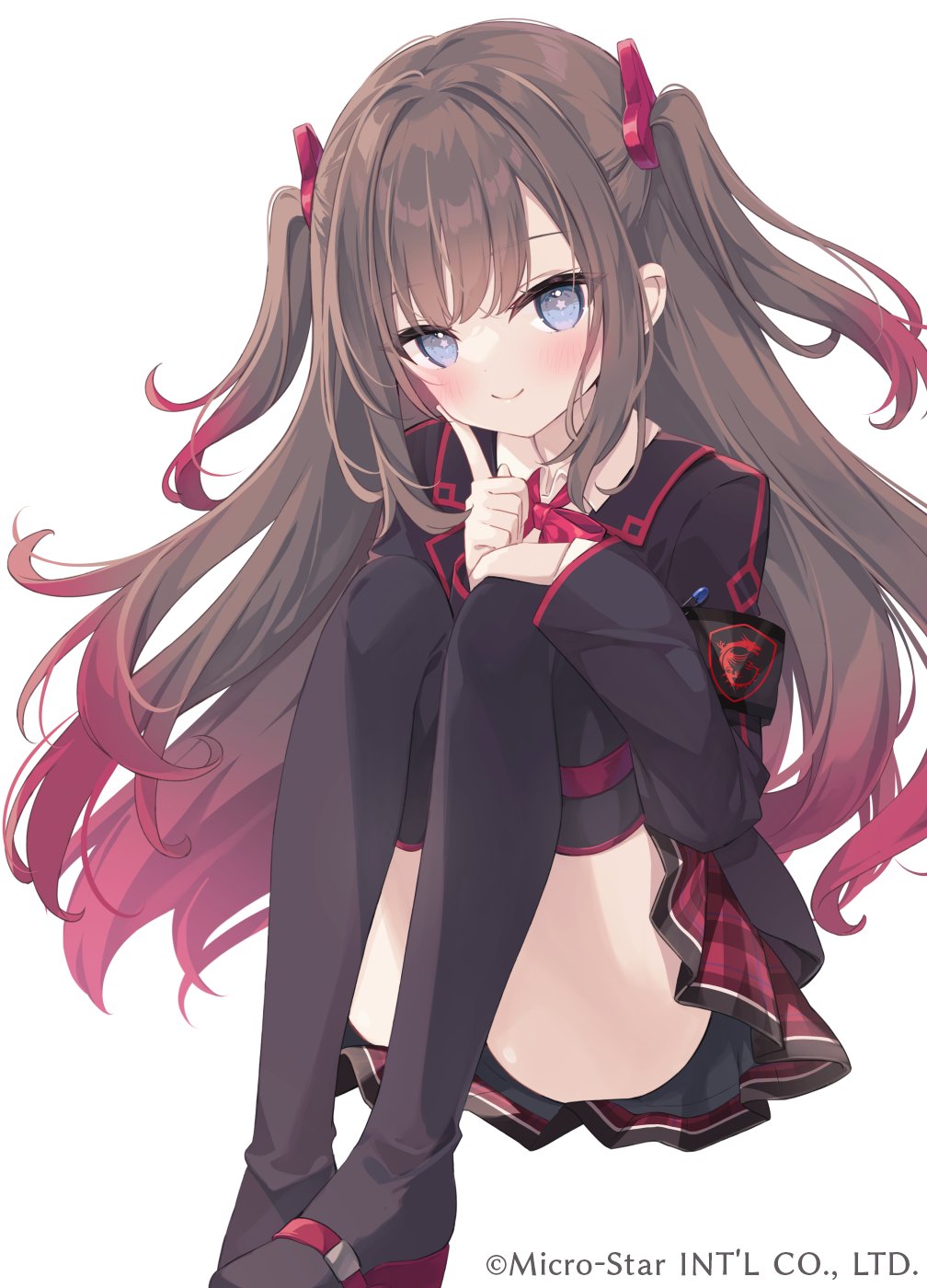 1girl, armband, black_jacket, black_thighhighs, blue_eyes, blush, bow, brown_hair