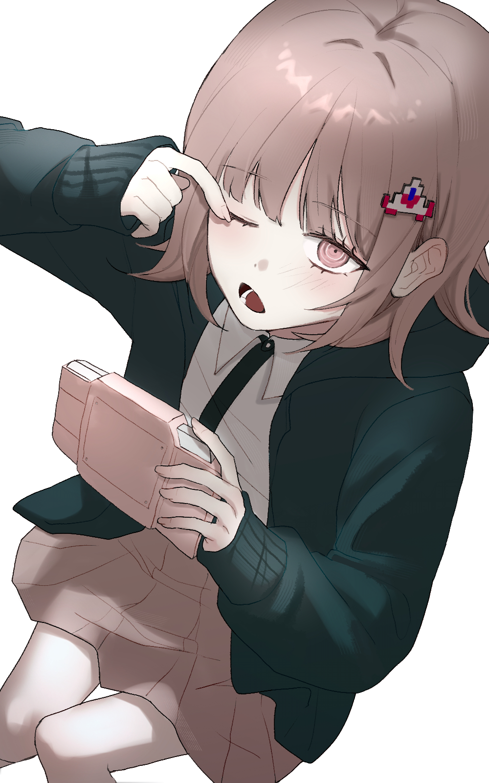 1girl, black_jacket, black_shirt, blush, brown_hair, collared_shirt, danganronpa_(series), danganronpa_2:_goodbye_despair