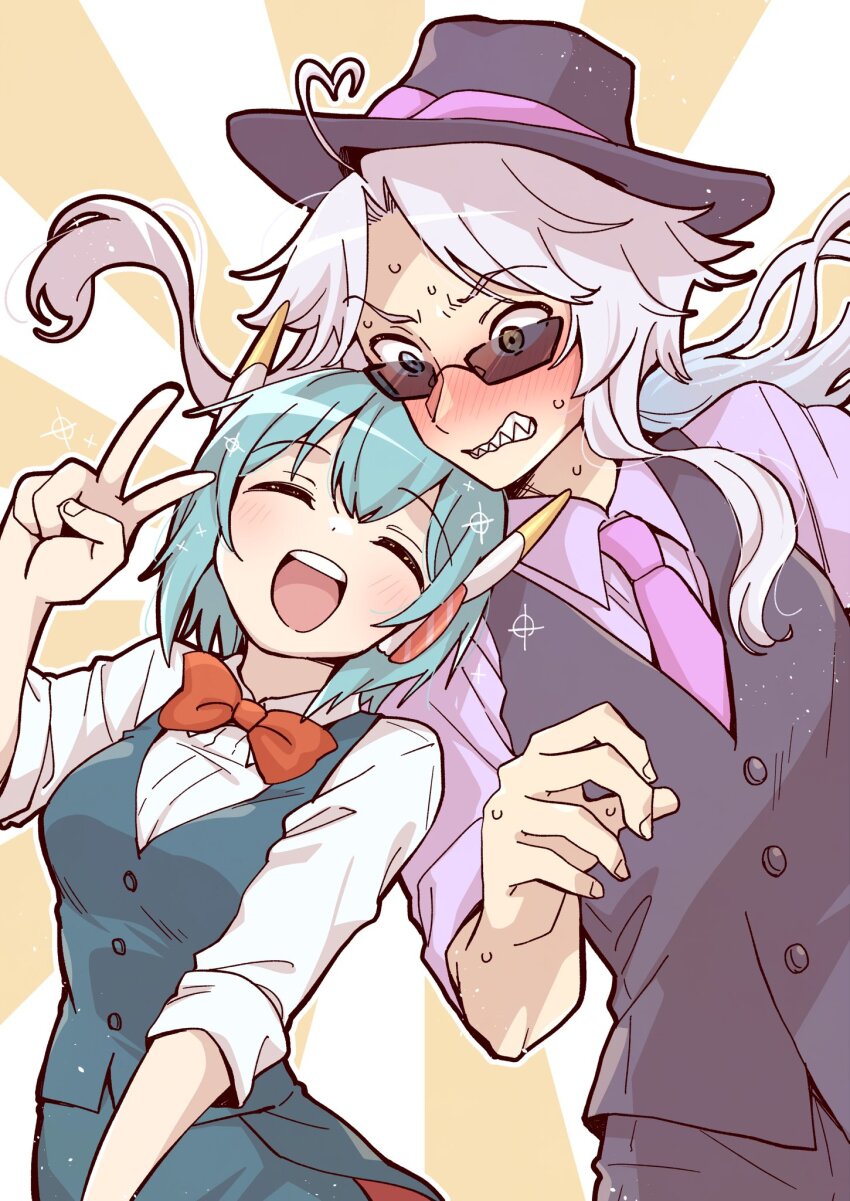 1boy, 1girl, ahoge, black_hat, black_pants, black_vest, blue_hair, blush