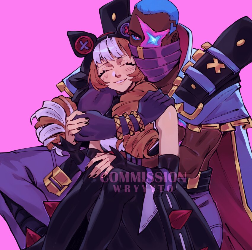 1boy, 1girl, absurdres, bare_shoulders, black_nails, black_pantyhose, blue_hair, bracelet