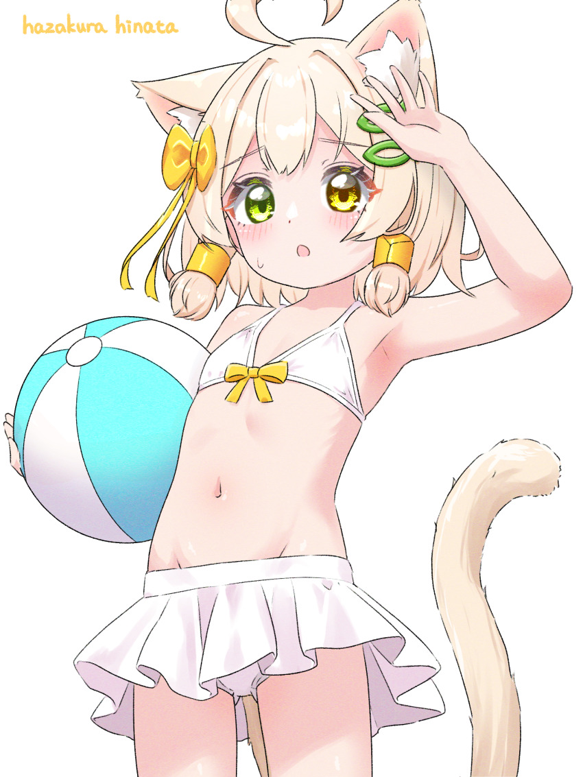 1boy, ahoge, animal_ear_fluff, animal_ears, armpits, artist_name, ball, beachball, bikini, bikini_skirt, blonde_hair, ca, cat_boy, cat_ears, cat_tail, cloud, cowboy_shot, extra_ears, green_eyes, groin, hazakura_hinata, heterochromia, highres, looking_at_viewer, navel, original, shota, simple_background, speech_bubble, stomach, swimsuit, tail, talking, trap, white_background, white_bikini, yellow_eyes