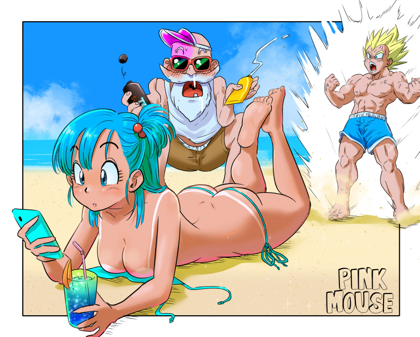1girl, 2boys, absurdres, aqua_bikini, aqua_hair, artist_name, ass, aura, barefoot, beach, beard, bikini, bikini_tan, blue_eyes, blue_swim_trunks, border, breasts, bulma, cleavage, cocktail, cocktail_glass, commentary, cup, dark-skinned_female, dark-skinned_male, dark_skin, dragon_ball, dragonball_z, drinking_glass, drooling, english_commentary, facial_hair, feet_up, highball_glass, highres, legs_up, long_hair, looking_at_phone, lotion_bottle, lying, male_swimwear, medium_breasts, micro_bikini, mixed-language_commentary, multiple_boys, muscular, muscular_male, muten_roushi, netorare, ocean, old, old_man, on_stomach, one_side_up, out_of_frame, phone, snot, soles, solo_focus, summer, super_saiyan, super_saiyan_1, swim_trunks, swimsuit, tan, tanline, the_pose, thong_bikini, toes, transformation, untied_bikini_top, vegeta, visor_cap, white_border, yuichi_ishikawa