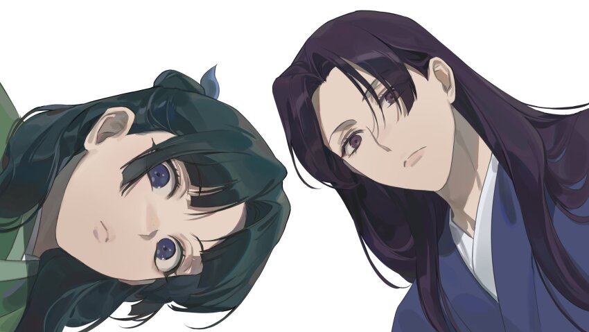 1boy, 1girl, black_hair, closed_mouth, ea_ateu, from_below, frown, green_kimono, hair_ribbon, highres, japanese_clothes, jinshi_(kusuriya_no_hitorigoto), kimono, kusuriya_no_hitorigoto, long_hair, looking_at_viewer, maomao_(kusuriya_no_hitorigoto), parted_bangs, portrait, purple_kimono, ribbon, simple_background, white_background