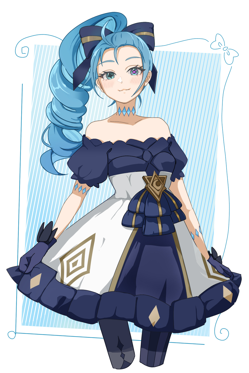 1girl, :3, alternate_hairstyle, bare_shoulders, black_bow, black_dress, black_gloves, blush