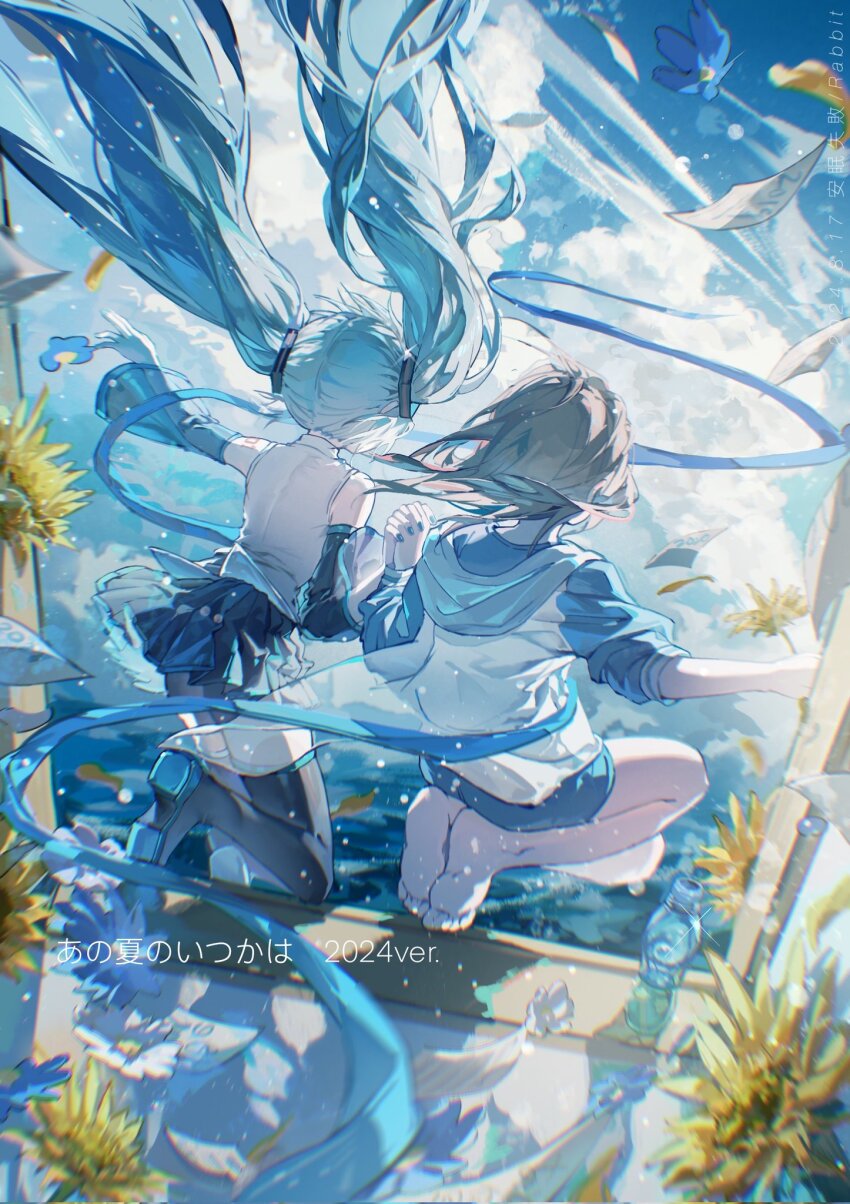 2girls, barefoot, black_thighhighs, blue_hair, bottle, flower, from_behind, hatsune_miku