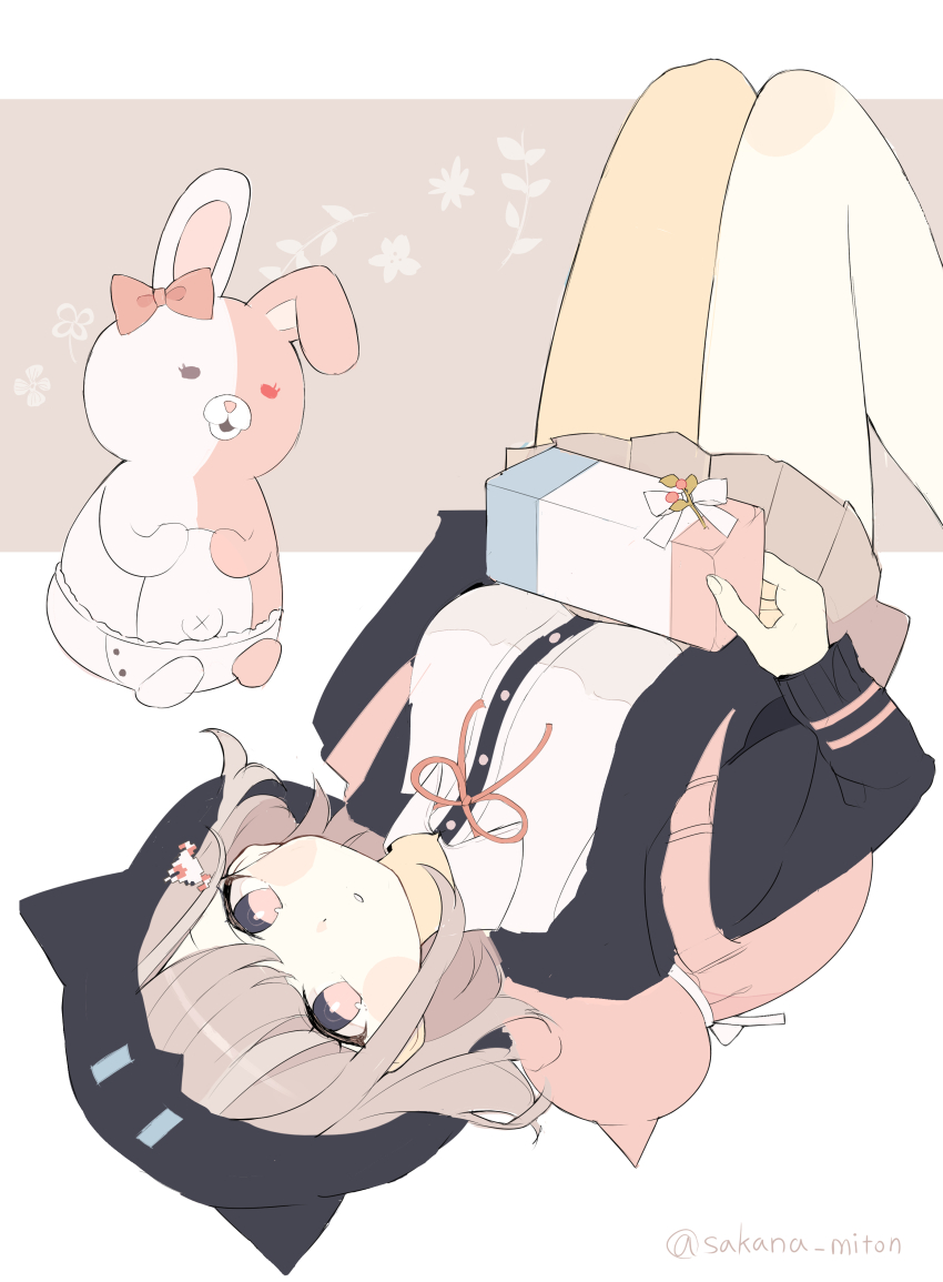 1girl, absurdres, animal_bag, animal_hood, artist_name, backpack, bag, blush_stickers, cat_bag, collared_shirt, danganronpa_(series), danganronpa_2:_goodbye_despair, gift, hair_ornament, highres, holding, holding_gift, hood, hood_up, hoodie, knees_up, long_sleeves, looking_at_viewer, lying, medium_hair, monomi_(danganronpa), nanami_chiaki, neck_ribbon, on_back, parted_lips, pink_eyes, pink_hair, pleated_skirt, ribbon, sakana-miton, shirt, skirt