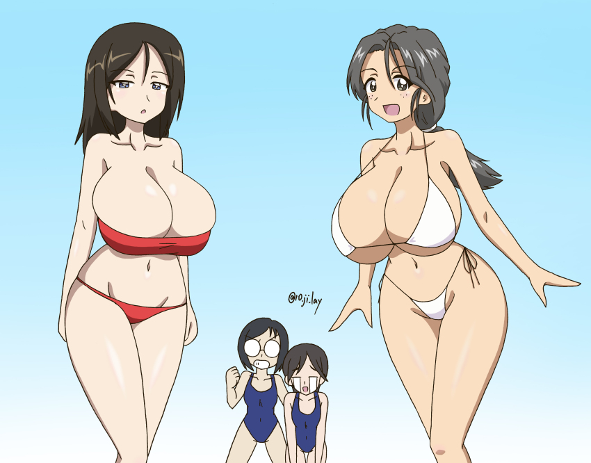 10_ji_lay, 4girls, absurdres, bikini, black_hair, blue_eyes, blue_one-piece_swimsuit, blush