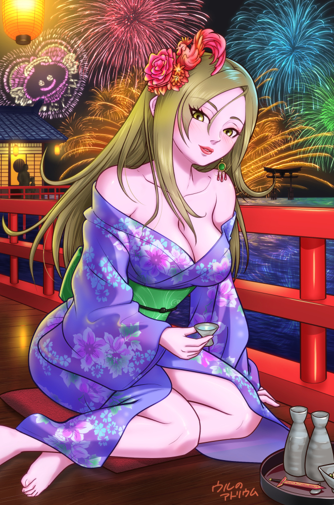 1girl, alcohol, angel_slime, bare_shoulders, barefoot, blonde_hair, breasts, cleavage, colored_skin, commentary_request, cup, dragon_quest, dragon_quest_x, earrings, fireworks, floral_print, flower, gratzel_(dq10), hair_flower, hair_ornament, holding, holding_cup, japanese_clothes, jewelry, kimono, large_breasts, light_blush, long_hair, looking_at_viewer, night, parted_lips, pink_skin, sake, signature, sitting, solo, torii, ur_(wulfa), water, yellow_eyes, yukata