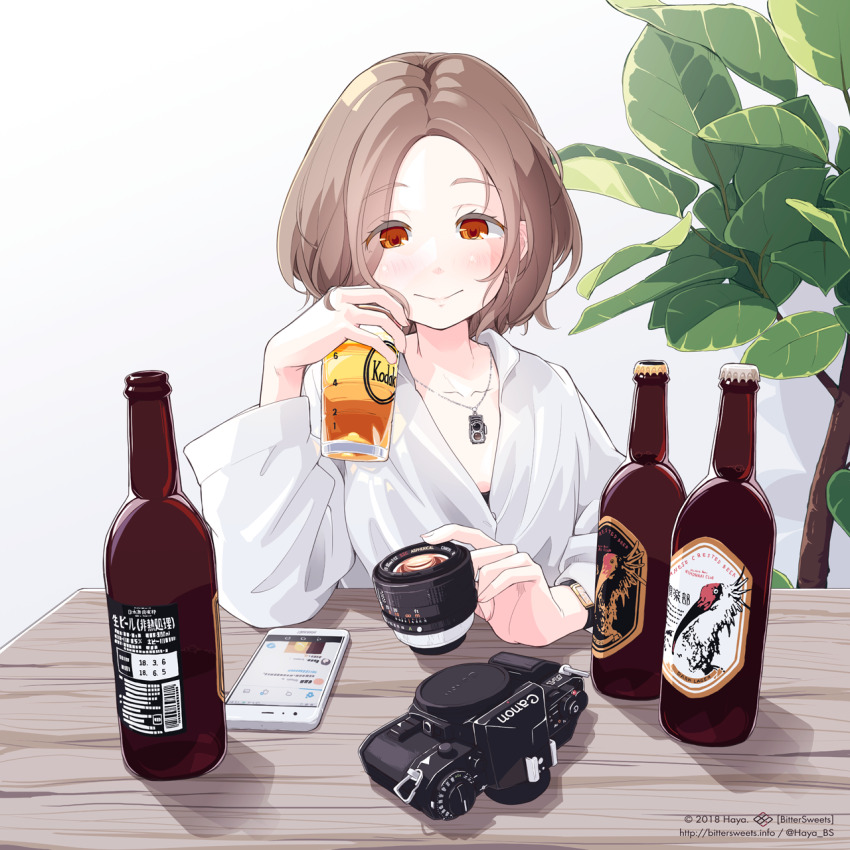 1girl, 2018, alcohol, artist_name, barcode, beer, beer_bottle, bob_cut
