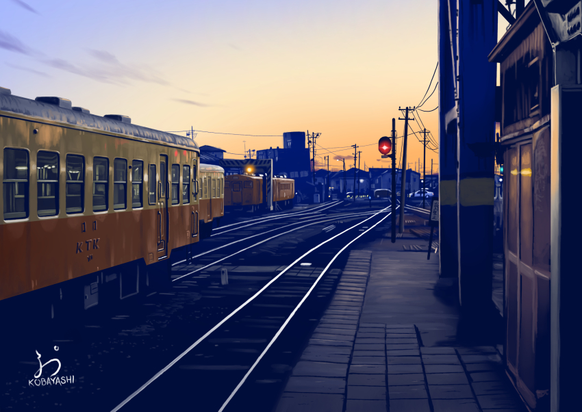 absurdres, building, chiba_prefecture, evening, highres, kominato_railway, multiple_unit_train, no_humans