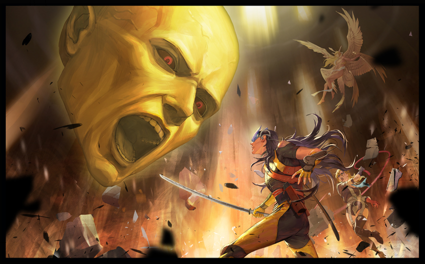 1girl, 3boys, aleph_(megami_tensei), angel_wings, bald, belt, black_bodysuit, black_border