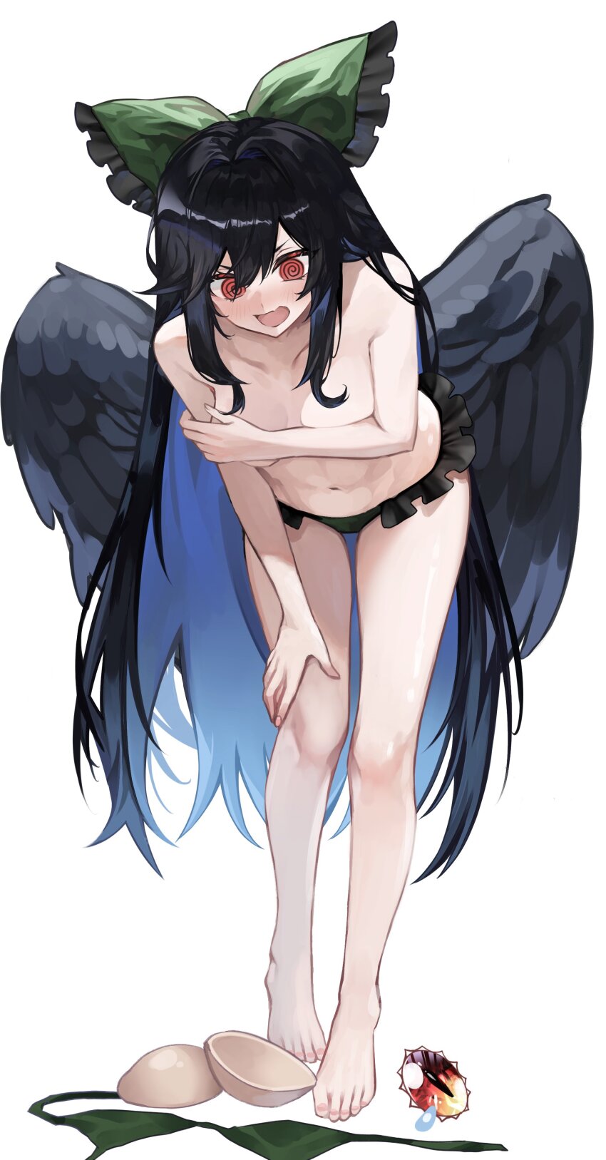 1girl, absurdres, alternate_costume, arm_up, barefoot, bikini, bird_wings, black_hair