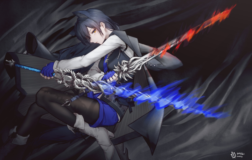 1girl, absurdres, animal_ears, arknights, black_coat, black_hair, black_pantyhose, black_vest