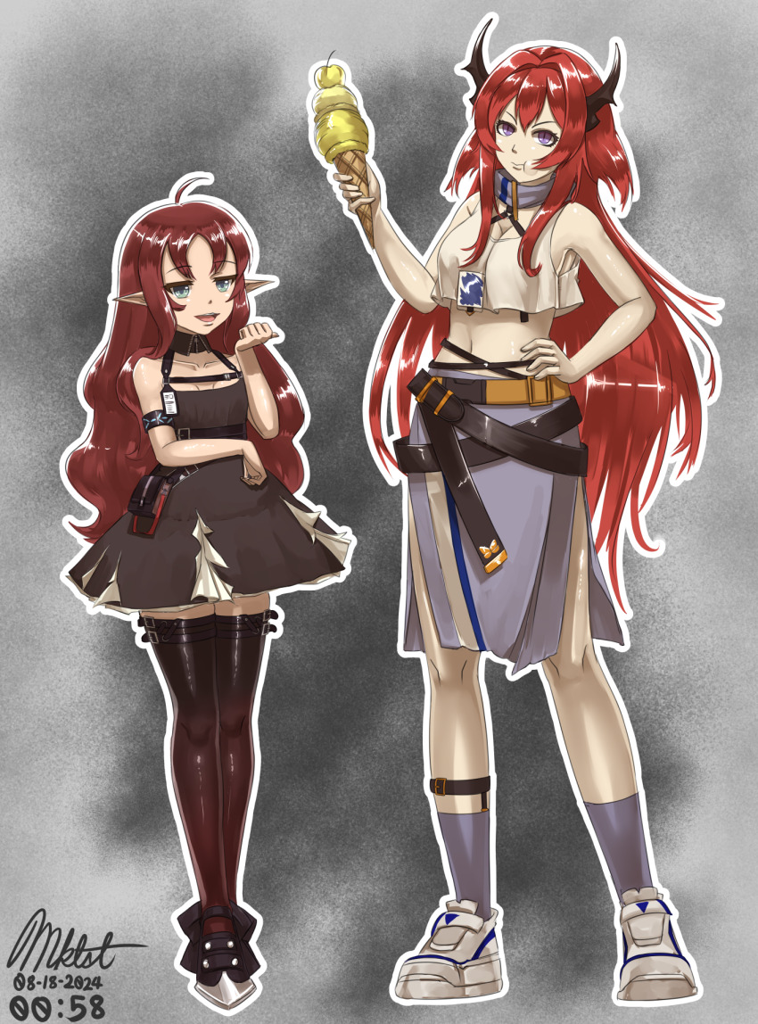 2girls, :d, :t, ahoge, arknights, bare_arms, bare_shoulders, belt
