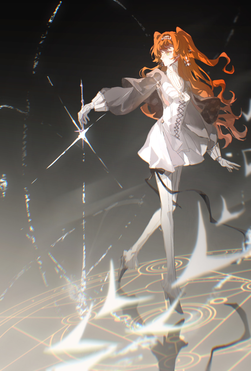 1girl, checkered_hairband, dress, energy, full_body, glass_pen, gloves, gradient_background