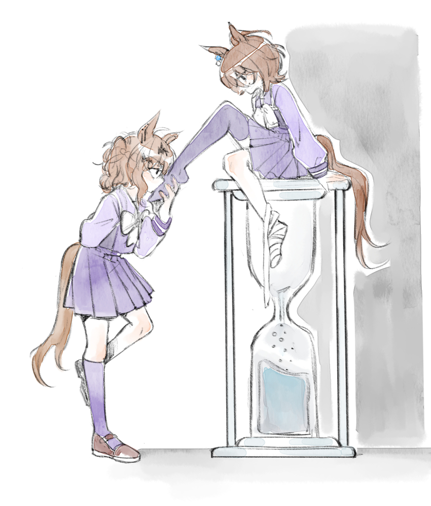 2girls, agnes_tachyon_(umamusume), animal_ears, arms_behind_back, bandaged_foot, bandages, black_footwear, bow, braid, brown_shoes, hair_between_eyes, half_up_braid, highres, horse_ears, horse_girl, horse_tail, hourglass, implied_injury, jungle_pocket_(umamusume), kissing_foot, leg_up, looking_at_another, medium_hair, multiple_girls, nyeomnyeom63816, pleated_skirt, purple_sailor_collar, purple_serafuku, purple_shirt, purple_skirt, purple_socks, purple_thighhighs, sailor_collar, school_uniform, serafuku, shirt, shoes, sidelocks, single_thighhigh, sitting, skirt, socks, tail, thighhighs, tracen_school_uniform, umamusume, white_bow, wolf_cut, yuri