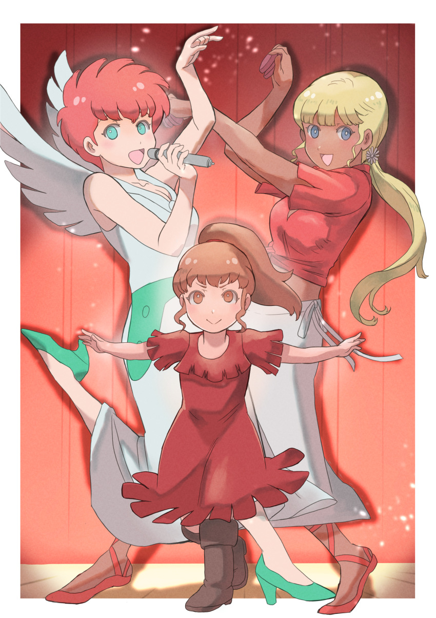 3girls, :d, absurdres, ballet_slippers, blonde_hair, breasts, brown_footwear, brown_hair