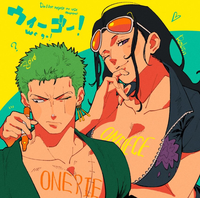 1boy, 1girl, ?, black_hair, blue_jacket, breasts, character_name, cleavage, commentary, copyright_name, cropped_jacket, earrings, extra_arms, eyewear_on_head, green_hair, green_kimono, hana_hana_no_mi, hashtag-only_commentary, heart, holding, holding_pen, jacket, japanese_clothes, jewelry, kimono, looking_at_viewer, looking_to_the_side, nico_robin, nico_robin_(return_to_sabaody), notice_lines, one_eye_closed, one_piece, orange-tinted_eyewear, pegxvpve8, pen, roronoa_zoro, scar, scar_across_eye, scar_on_face, short-sleeved_jacket, short_hair, short_sleeves, sidelocks, smile, stitched_torso, stitches, sunglasses, tinted_eyewear, upper_body, zipper