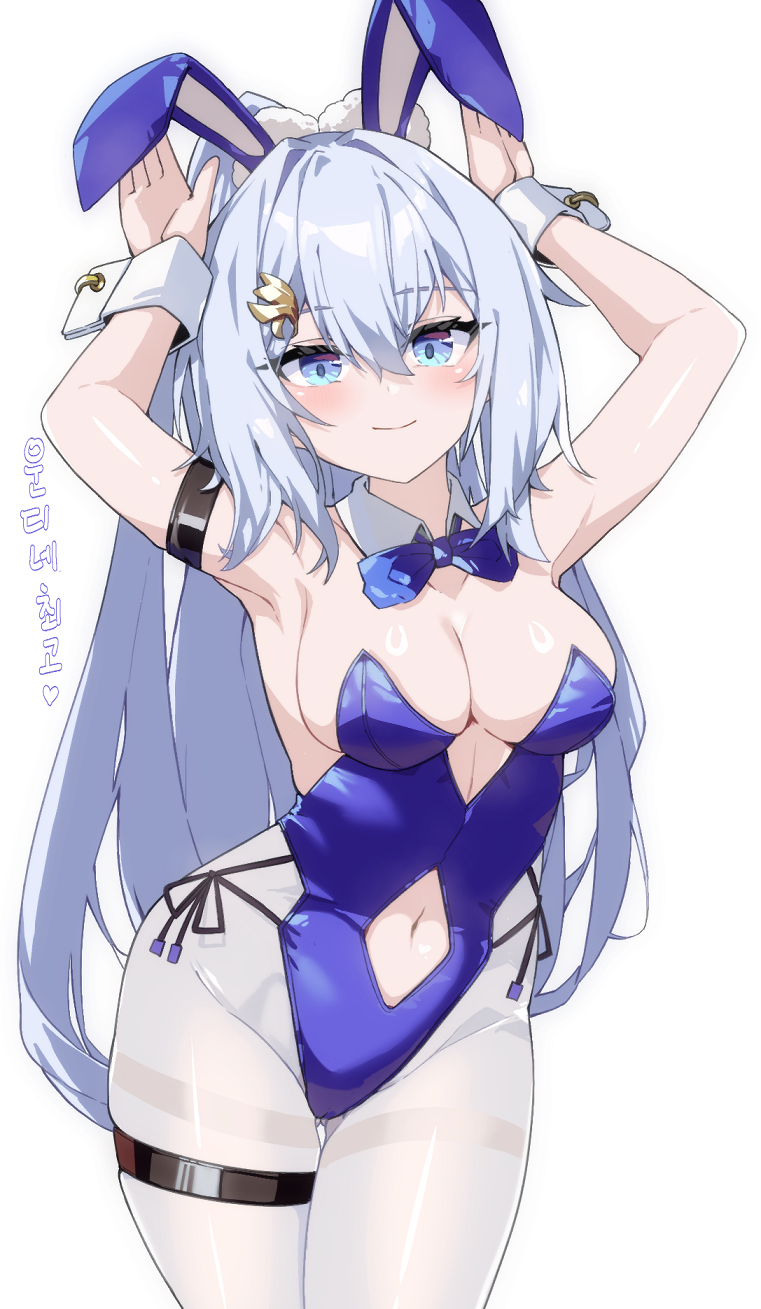 1girl, arm_strap, armpits, backless_leotard, blue_bow, blue_bowtie, blue_eyes, blue_leotard