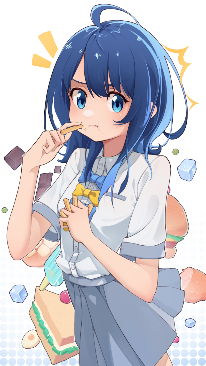 1girl, ^^^, absurdres, ahoge, bbyiren, blue_bow, blue_bowtie, blue_eyes, blue_hair, bow, bowtie, cake, collared_shirt, dress_shirt, eating, food, grey_skirt, highres, make_heroine_ga_oo_sugiru!, medium_hair, pleated_skirt, shirt, skirt, solo, summer_uniform, white_background, white_shirt, yanami_anna, yellow_bow, yellow_bowtie