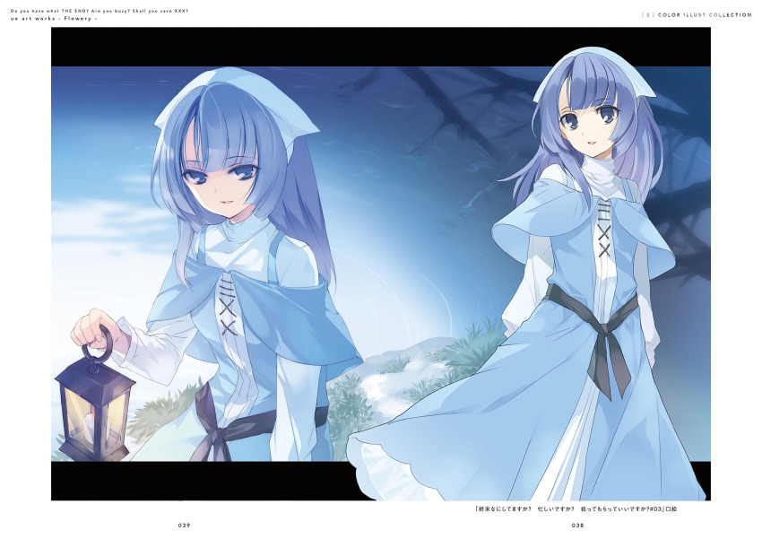 1girl, absurdres, blue_dress, blue_eyes, blue_hair, dress, highres, holding