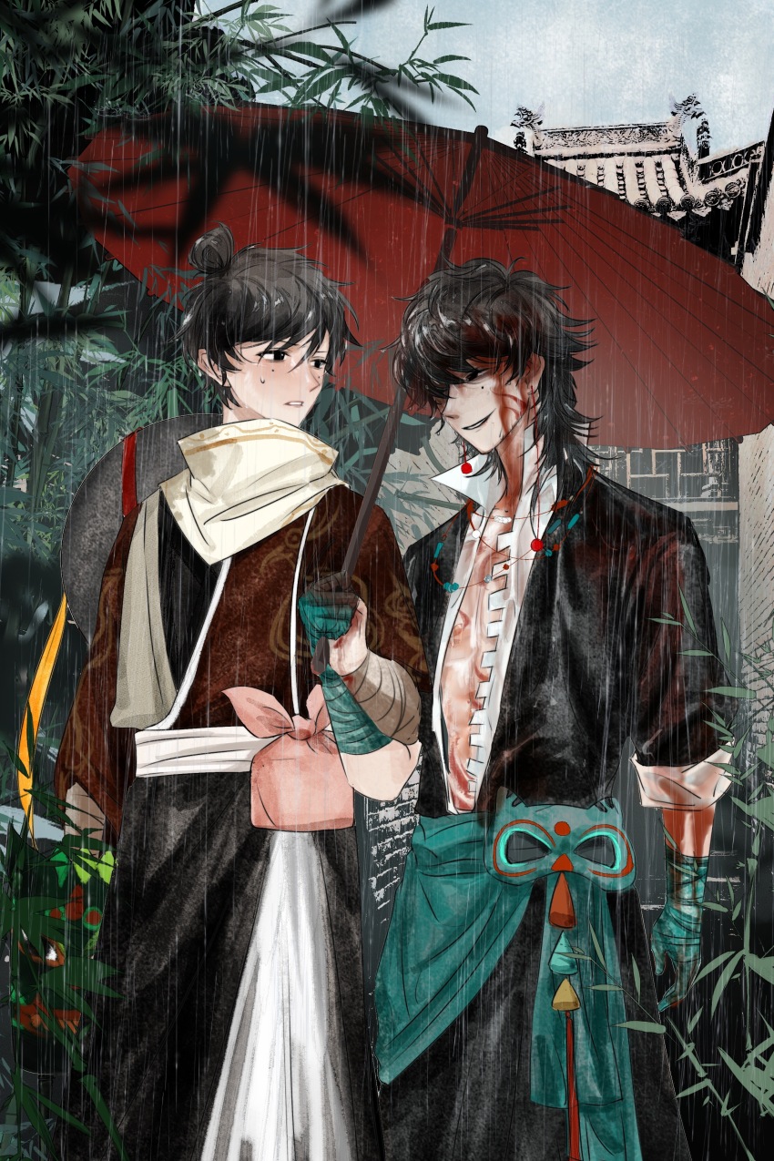 2boys, absurdres, bandaged_arm, bandaged_hand, bandages, black_hair, blood, blood_in_hair