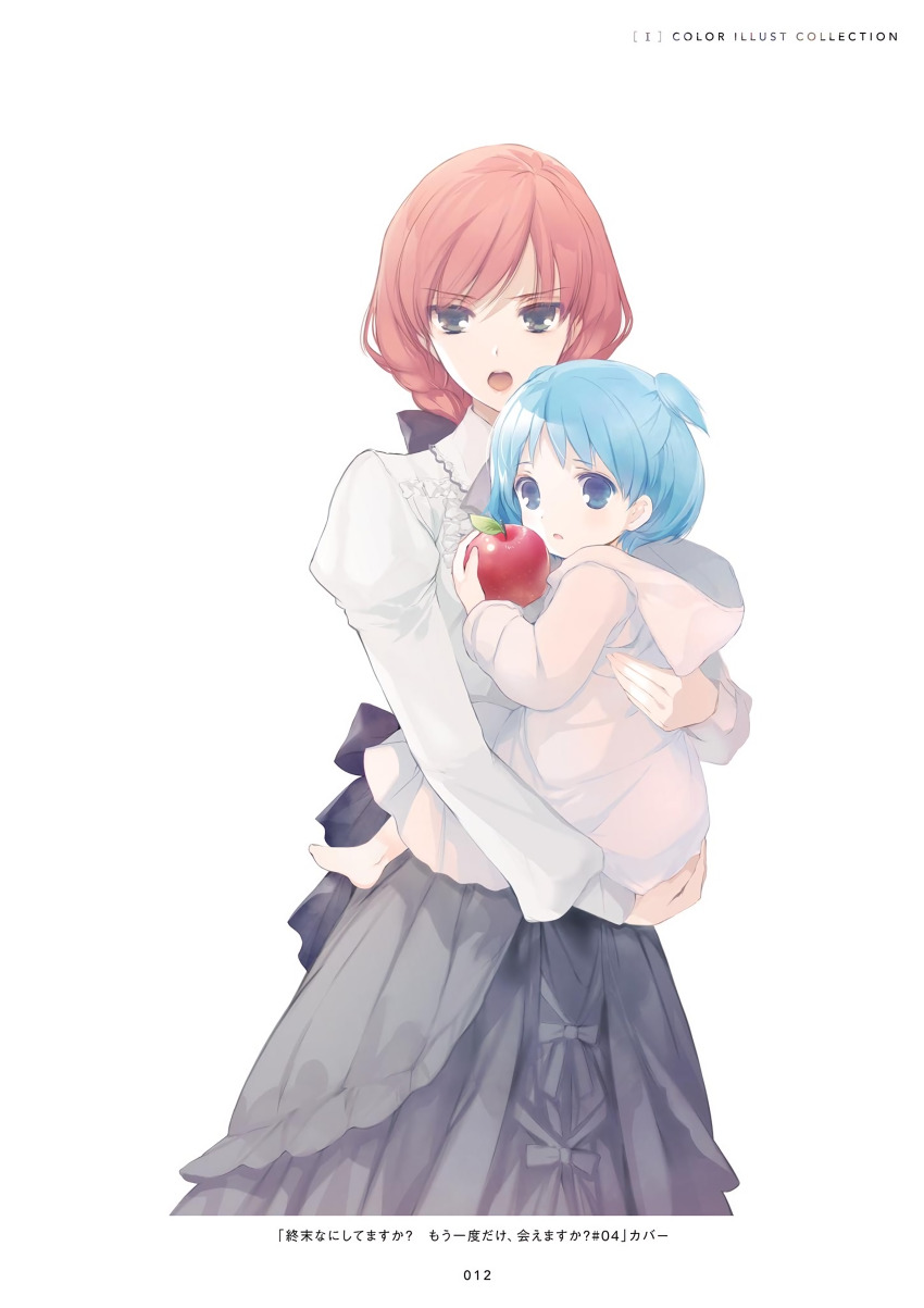 1girl, 1other, absurdres, apple, black_bow, blue_eyes, blue_hair, bow