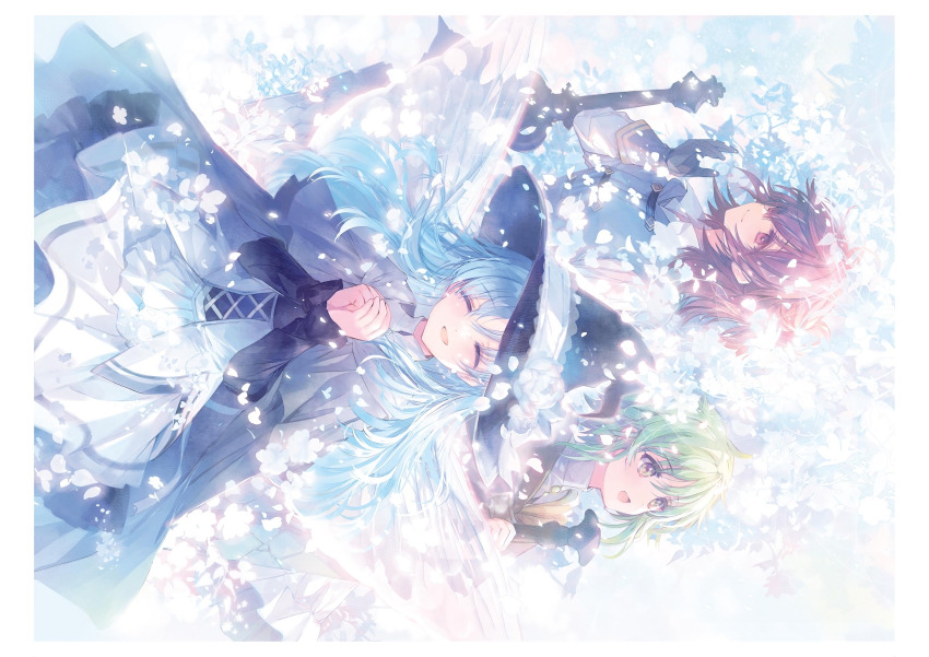 3girls, :d, absurdres, black_gloves, black_hat, black_shirt, blue_hair, brown_eyes