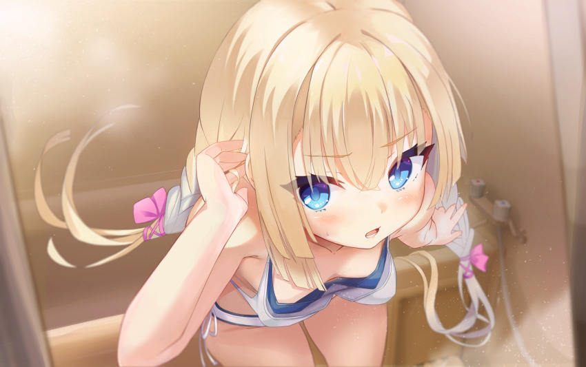 1girl, absurdres, adjusting_hair, bare_arms, bathroom, bikini, blonde_hair, blue_eyes, blunt_ends, blurry, blush, bow, breasts, bright_pupils, collarbone, commentary_request, cowboy_shot, crossed_bangs, depth_of_field, doruzou18, downblouse, eyelashes, eyes_visible_through_hair, foreshortening, frown, hair_between_eyes, hair_bow, hair_ribbon, hair_spread_out, hand_up, highres, index_finger_raised, indoors, leaning_forward, long_hair, low_twintails, lower_teeth_only, open_mouth, pink_bow, pink_ribbon, pointing, ribbon, shirayuki_noa, side-tie_bikini_bottom, sidelocks, small_breasts, solo, swimsuit, teeth, tenshi_souzou_re-boot!, tsurime, twintails, v-shaped_eyebrows, very_long_hair, white_bikini