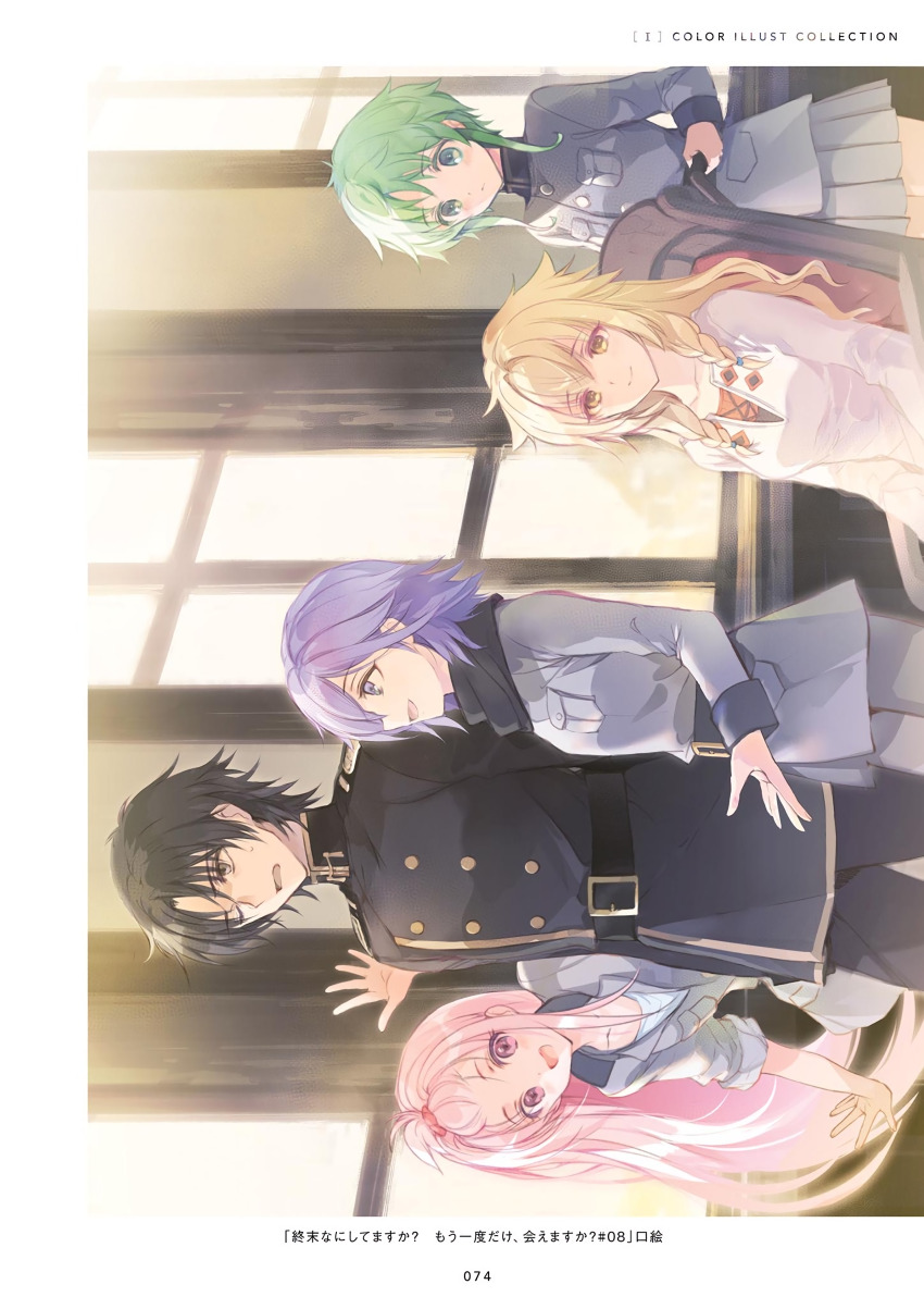 1boy, 4girls, :d, absurdres, belt, belt_buckle, black_belt, black_hair