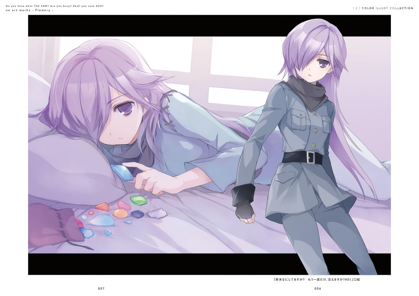 1girl, absurdres, bed_sheet, belt, belt_buckle, black_belt, black_gloves, breast_pocket