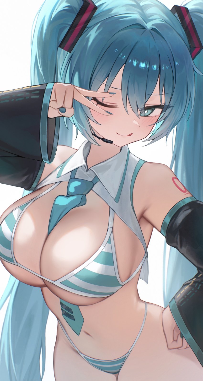 1girl, absurdres, alternate_breast_size, aqua_eyes, aqua_hair, aqua_nails, aqua_necktie, bare_shoulders, between_breasts, bikini, blush, breasts, bright_pupils, cleavage, cowboy_shot, detached_sleeves, diamond-shaped_pupils, diamond_(shape), from_above, hair_between_eyes, hatsune_miku, headset, highleg, highleg_bikini, highres, large_breasts, long_hair, looking_at_viewer, micro_bikini, microphone, miku_collar_bikini, nanimonine9, navel, necktie, necktie_between_breasts, one_eye_closed, shrug_(clothing), sideboob, simple_background, smile, striped_bikini, striped_clothes, swimsuit, symbol-shaped_pupils, tongue, tongue_out, twintails, v, v_over_eye, very_long_hair, vocaloid, white_background, wide_hips
