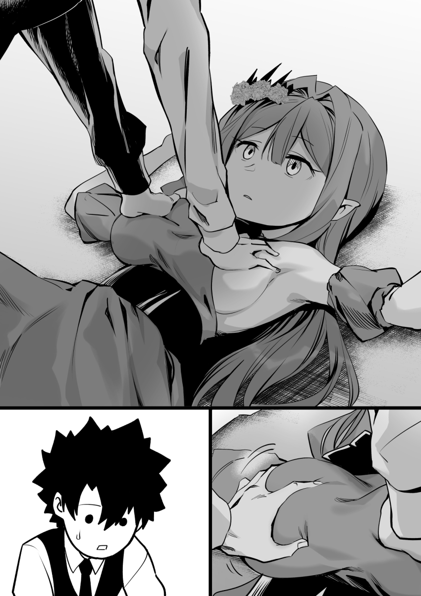 1boy, 1girl, baobhan_sith_(chaldea_satellite_station)_(fate), baobhan_sith_(fate), bare_shoulders, boy_on_top, breasts, dress