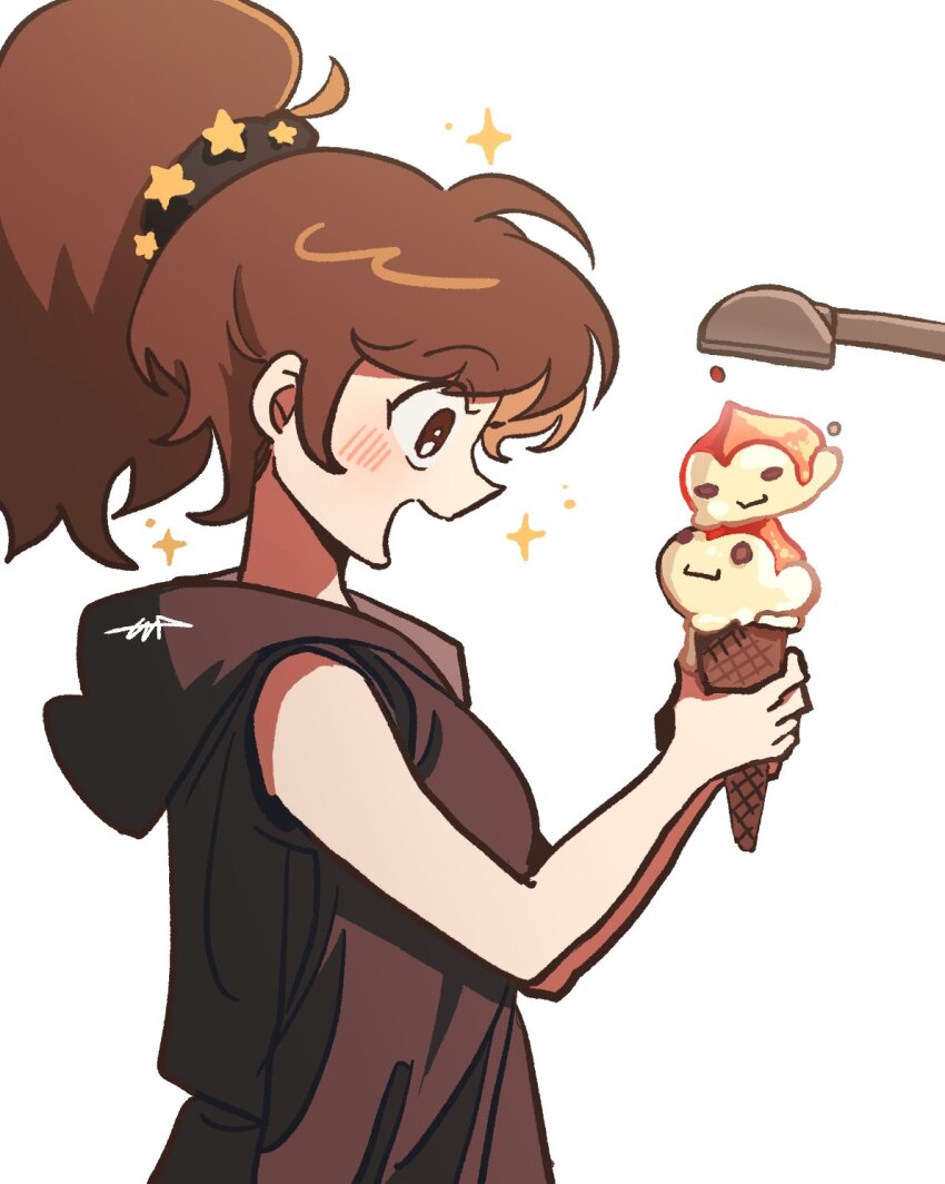 1girl, animal-themed_food, black_eyes, black_hoodie, black_shirt, brown_hair, commentary, dessert