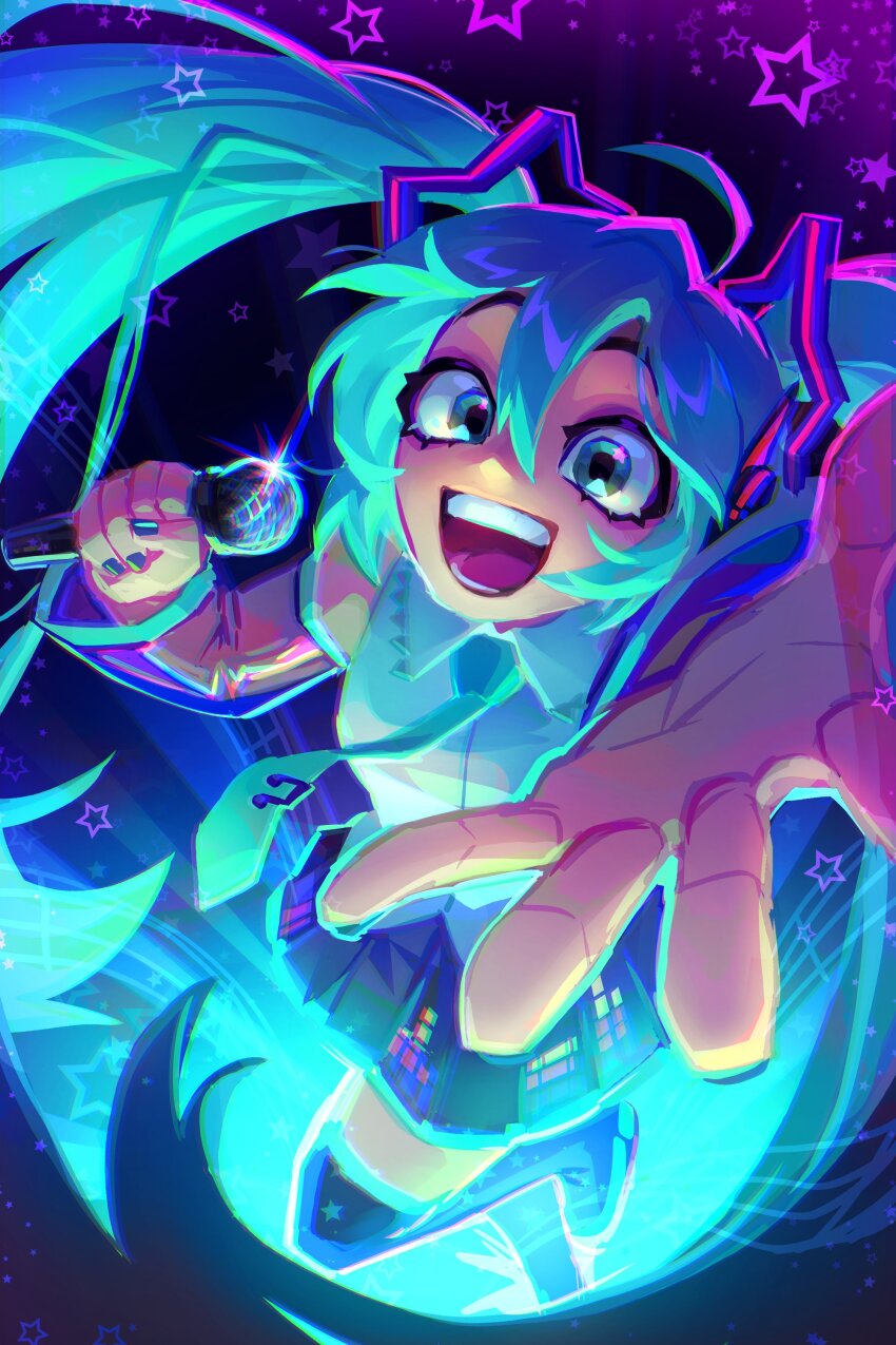 1girl, absurdres, aqua_eyes, aqua_hair, aqua_necktie, black_boots, boots, breasts, chromatic_aberration, detached_sleeves, hair_between_eyes, hatsune_miku, highres, holographicros3, long_hair, looking_at_viewer, necktie, open_mouth, outstretched_hand, perspective, pleated_skirt, shirt, skirt, sleeveless, smile, solo, thigh_boots, thighhighs, twintails, very_long_hair, vocaloid, zettai_ryouiki