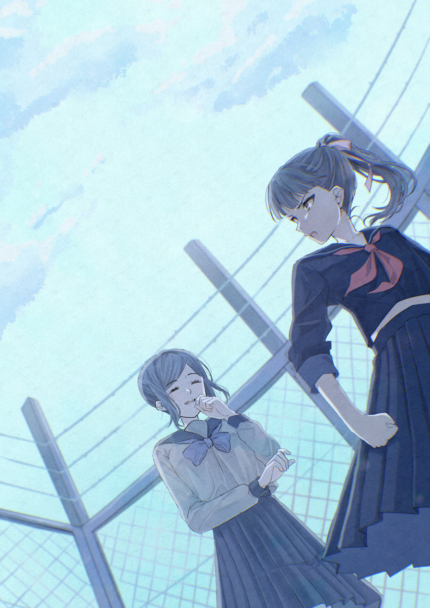 2girls, absurdres, black_hair, black_serafuku, blue_sky, closed_eyes, delinquent, grey_serafuku