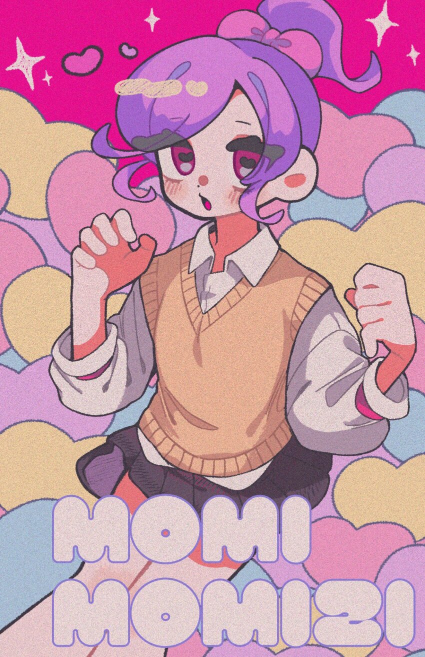 1girl, berryice_1515, bow, cardigan_vest, character_name, clenched_hand, feet_out_of_frame, film_grain