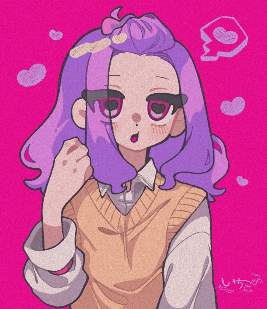 1girl, alternate_hairstyle, bangs_pinned_back, berryice_1515, bow, cardigan_vest, film_grain, hand_up