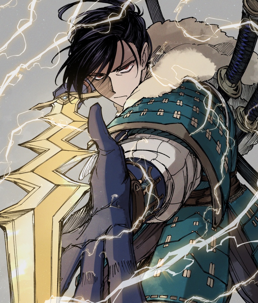 1boy, armor, black_hair, blue_armor, closed_mouth, commentary, cowboy_shot, electricity, felix_hugo_fraldarius, felix_hugo_fraldarius_(sword_savant), felix_hugo_fraldarius_(timeskip), fire_emblem, fire_emblem:_three_houses, fur_trim, grey_background, haidate, hair_between_eyes, highres, holding, holding_sword, holding_weapon, japanese_armor, katana, kote, levin_sword, looking_at_viewer, male_focus, multiple_swords, nintendo, orange_eyes, outstretched_arm, outstretched_hand, partially_shaded_face, reaching, reaching_towards_viewer, s1wa_3, serious, shirt, simple_background, solo, sword, sword_on_back, undershirt, weapon, weapon_on_back, white_fur, white_shirt