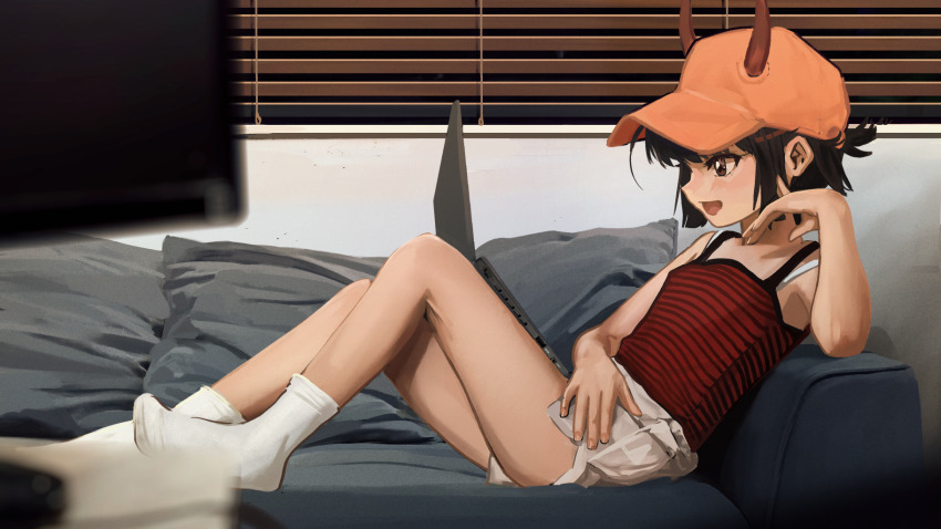 1girl, :d, baseball_cap, black_camisole, blurry, blurry_foreground, blush, bra_strap, breasts, brown_eyes, brown_hair, camisole, computer, couch, demon_horns, depth_of_field, flat_screen_tv, hand_on_own_opposite_thigh, hand_up, hat, highres, horns, indoors, katya_(servachok), knees_up, laptop, leaning_back, living_room, looking_ahead, looking_at_screen, lounging, lying, night, no_shoes, on_back, on_couch, open_mouth, orange_hat, original, red_camisole, servachok, short_hair, short_shorts, shorts, sleeveless, small_breasts, smile, socks, striped_camisole, television, two-tone_camisole, white_shorts, white_socks, window_blinds