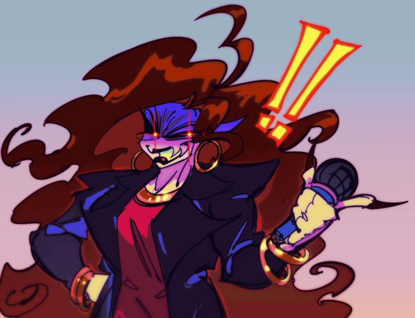 1girl, black_sclera, brown_hair, colored_sclera, colored_skin, deerrrvi, demon_girl, dress, earrings, friday_night_funkin', highres, jewelry, long_hair, mommy_mearest, purple_skin, red_dress, solo