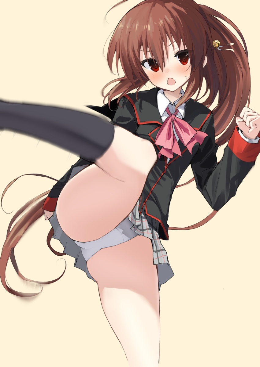 1girl, absurdres, ahoge, bell, black_jacket, black_socks, blush, bow