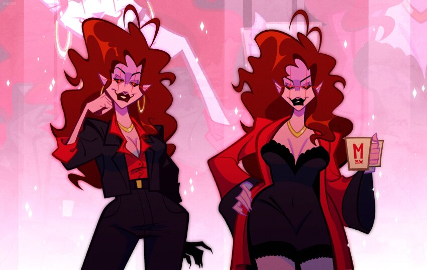 2girls, black_lips, black_sclera, breasts, brown_hair, cleavage, colored_sclera, demon_girl