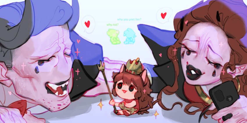 1boy, 2girls, animal_ears, brown_hair, colored_skin, daddy_dearest, demon_boy, demon_girl