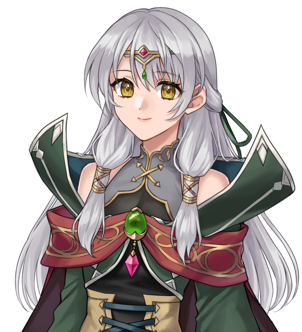 1girl, bare_shoulders, cape, circlet, cloak, coat, dress, fire_emblem, fire_emblem:_radiant_dawn, fire_emblem_heroes, green_cloak, green_coat, grey_hair, half_updo, hazuki_(nyorosuke), long_hair, long_sleeves, looking_at_viewer, micaiah_(dawning_maiden)_(fire_emblem), micaiah_(fire_emblem), nintendo, official_alternate_costume, pleated_cape, red_cape, simple_background, smile, solo, upper_body, white_background, yellow_eyes