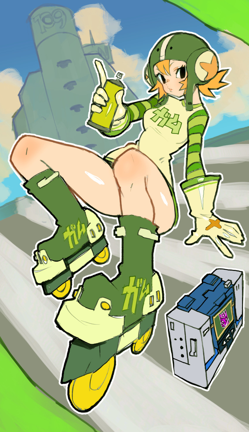 1girl, black_eyes, blonde_hair, blue_sky, boombox, breasts, cloud, cloudy_sky