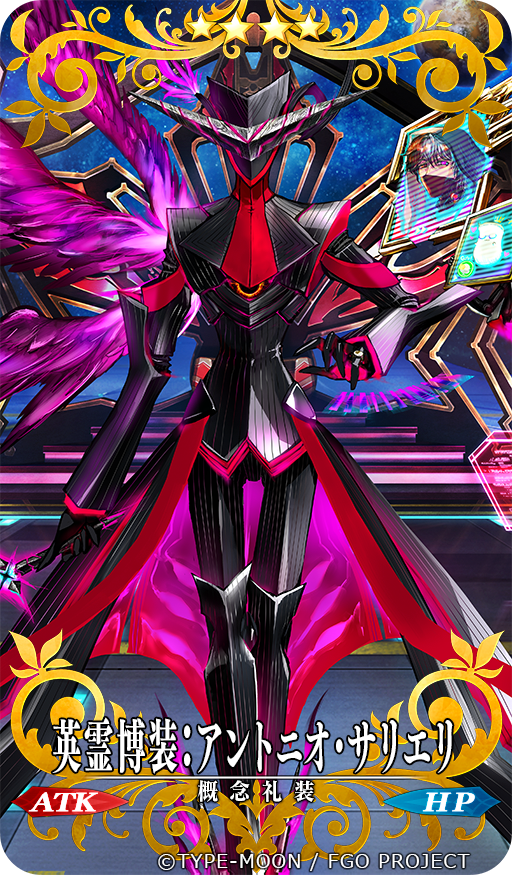 1boy, antonio_salieri_(exhibition_attire)_(fate), antonio_salieri_(fate), antonio_salieri_(first_ascension)_(fate), antonio_salieri_(second_ascension)_(fate), armor, black_boots, black_coat, black_gloves, black_hood, black_mask, black_pants, boots, brown_hair, coat, coattails, copyright_notice, core, craft_essence_(fate), fate/grand_order, fate_(series), fiery_wings, fire, gloves, glowing, grey_hair, holding, holding_sword, holding_weapon, holographic_interface, hood, hood_up, indoors, looking_at_viewer, male_focus, mask, mouth_mask, multicolored_hair, multiple_wings, pants, pfalz, piano_keys, pink_fire, planet, power_armor, science_fiction, solo, space, split-color_hair, stairs, sword, tailcoat, two-tone_hair, weapon, wings