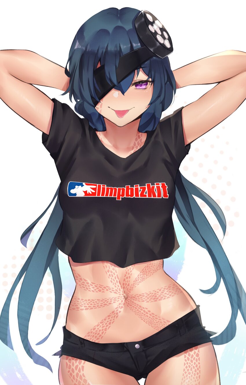 1girl, absurdres, black_hair, black_skirt, deccatezu, denim, denim_shorts, eyepatch, fate/grand_order, fate_(series), hair_ornament, highres, limp_bizkit, long_hair, mochizuki_chiyome_(fate), navel, purple_eyes, short_shorts, shorts, skirt, snake_tattoo, solo, tattoo, tongue, tongue_out