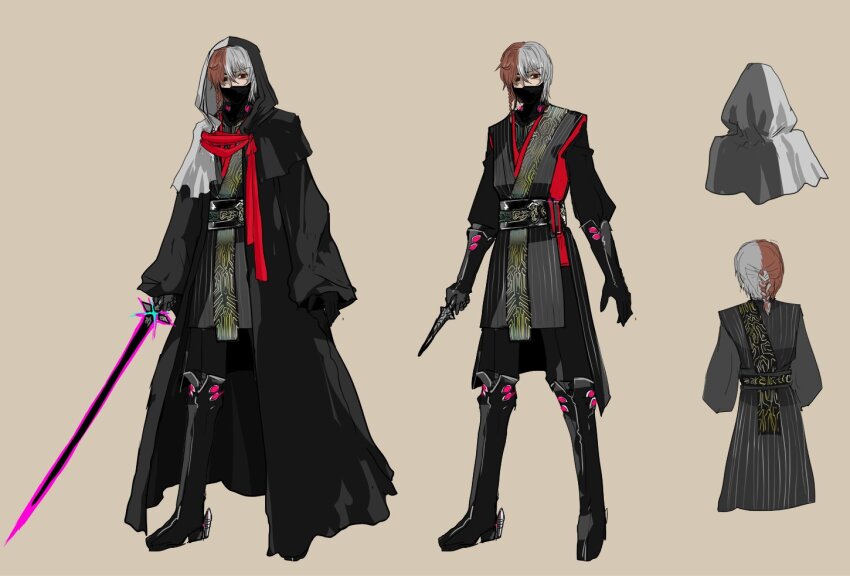 1boy, antonio_salieri_(exhibition_attire)_(fate), antonio_salieri_(fate), black_boots, black_cloak, black_eyes, black_gloves, black_mask, black_pants, black_sash, black_shirt, boots, braid, brown_hair, cloak, dagger, fate/grand_order, fate_(series), full_body, gloves, grey_hair, grey_kimono, hair_between_eyes, heterochromia, holding, holding_dagger, holding_knife, holding_sword, holding_weapon, hood, hood_up, japanese_clothes, kimono, knife, long_sleeves, looking_at_viewer, male_focus, mask, medium_hair, mouth_mask, multicolored_cloak, multicolored_hair, multiple_views, pants, pfalz, red_eyes, reference_sheet, sash, shirt, side_braid, simple_background, split-color_hair, standing, sword, two-tone_cloak, weapon, white_cloak, yellow_background